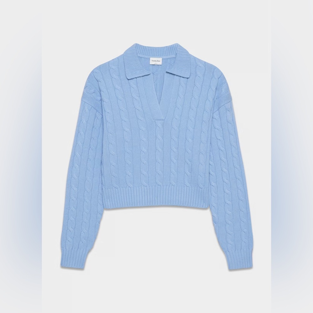 Aritzia Sunday Best Lottie Blue Merino Wool Relaxed Polo Cotagecore Sweater SzS - Picture 6 of 17